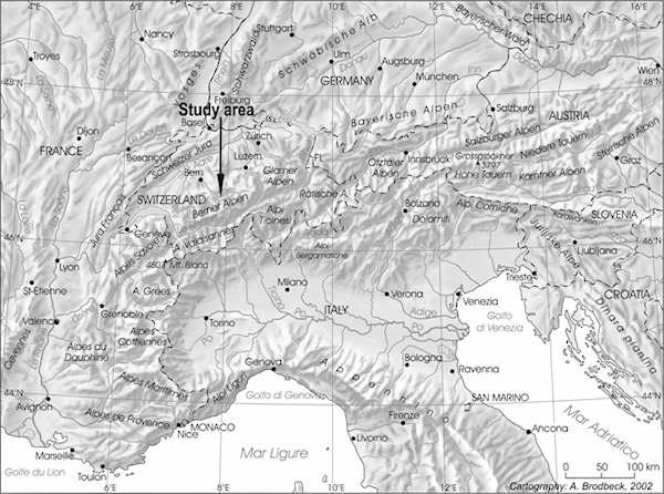 Location of the Lütschine catchment in the north-western Alps. Recent paleoclimate records from dendrochronological and instrumental data compiled by the ALPIMP Project (2006) showed different pluviometric trends between the humid mid-latitudes north-western Alps and the Mediterranean influenced south-eastern Alps from 1800 yr AD to present.
